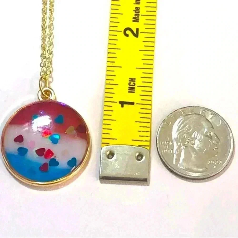 Handmade Resin Hearts and Stripes Independence Day 4th of July Gold Necklace